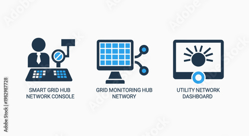 Smart grid and energy network management icons with dashboard infrastructure technology electricity management monitoring resource analysis efficiency electrical sustainable production