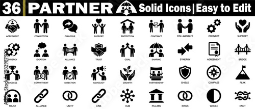 Partner solid icons set, with bold black silhouettes representing contract signing, handshake protection, and communal support for enterprise presentations, vector illustration.