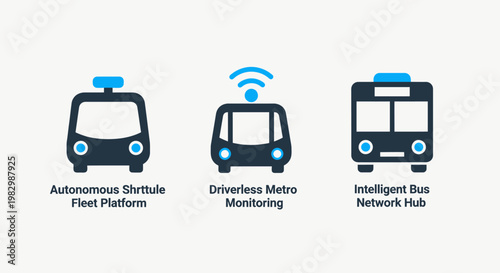 Icons representing autonomous transit and intelligent transportation systems with smart city public transport self driving transport technology autonomous intelligent driverless monitoring