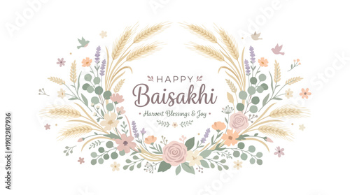 Happy Baisakhi festival greeting card with elegant floral and wheat wreath illustration. Traditional Punjabi harvest celebration design for Sikh new year blessings and joy.