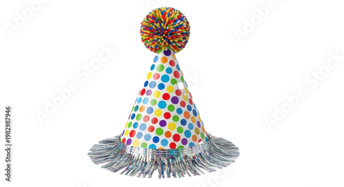 Vibrant polka dot party hat featuring a fluffy multicolored pom-pom and sparkling fringe, an essential accessory for festive celebrations and joyous occasions
