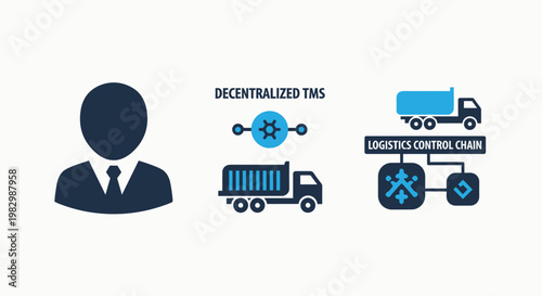 Logistics and supply chain management icons: person trucks network hub with logistics transport management delivery distribution shipping business operation technology illustration warehouse