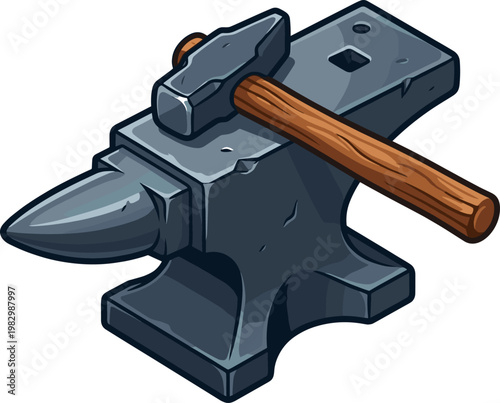 Blacksmith hammer resting on a heavy metal anvil
