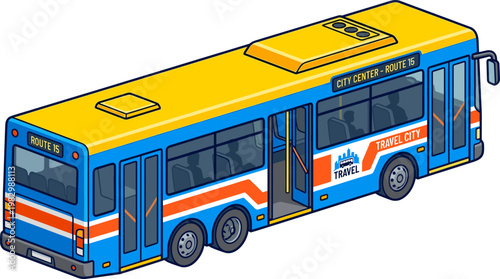 Blue and yellow city transit bus for urban passenger transport