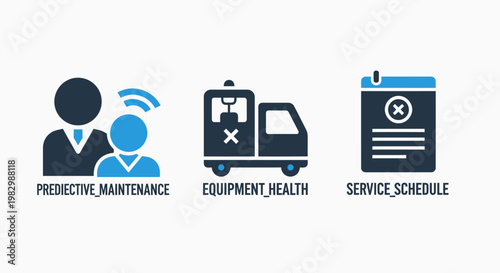 Industrial maintenance icons: predictive service and scheduling with white background maintenance industry schedule equipment predictive preventive transport logistic document clipboard
