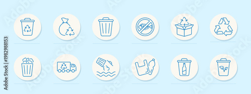 Recycling set icon. Line assortment with recycle bin, recycle bag, trash can, no fish sign, cardboard box arrows, recycle symbol, waste bin, truck recycle, litter bin, water pollution