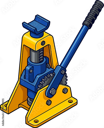 Blue and yellow mechanical car jack with a crank handle