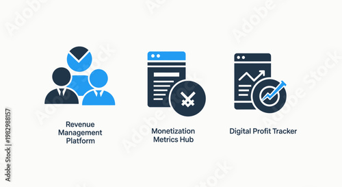 Icons illustrating business concepts: revenue management monetization digital profit tracking with charts and people business icon finance icon chart icon growth icon business management
