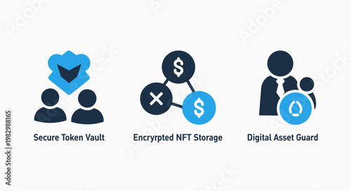 Digital asset security icons: secure token vault encrypted nft storage with asset management digital economy smart contract digital currency security blockchain encryption technology abstract