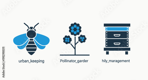Beekeeping icons: bee pollinator garden hive with urban keeping eco friendly small business beekeeping pollinator agriculture sweetener pollination environment gardening illustration
