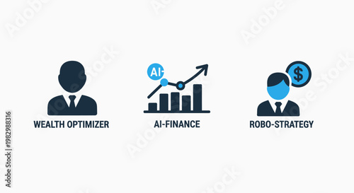 Financial advisory icons: wealth manager AI finance chart robo-advisor with artificial intelligence upward trend optimizer strategy investment business management consulting advisory planning