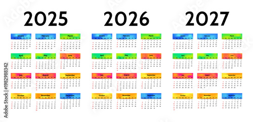 Multicolor calendar template for years 2025 2026 2027 with months and days of the week