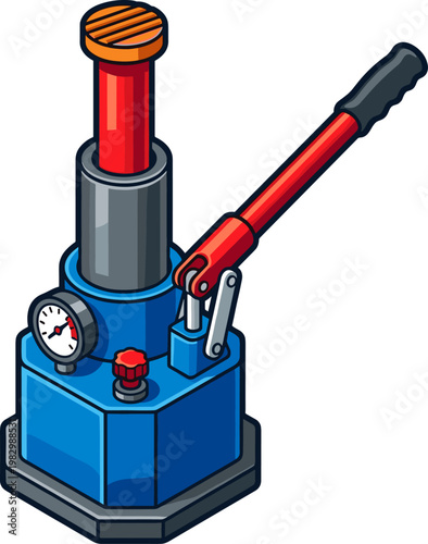 Blue hydraulic bottle jack with integrated pressure gauge and red handle
