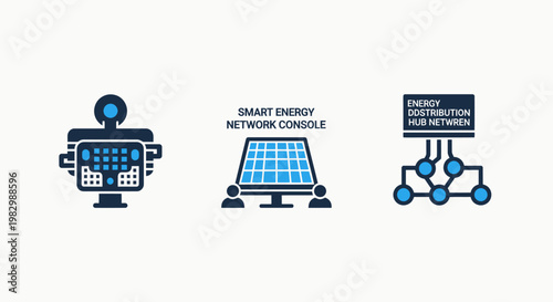 Smart energy network console and solar power system icons with smart home management renewable electricity technology infrastructure monitoring information dashboard generation distribution