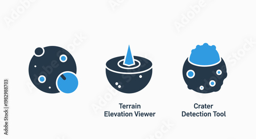 Planetary surface analysis icons: terrain elevation viewer and crater detection tool with user interface elevation detection astronomy research analysis exploration illustration abstract