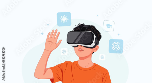 Boy exploring virtual reality with futuristic icons, education and technology concept