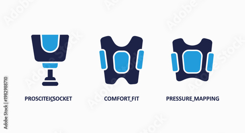 Prosthetics technology icons: prosthetic socket comfort fit pressure mapping with prosthetics prosthetic orthotics technology pressure engineering artificial rehabilitation illustration