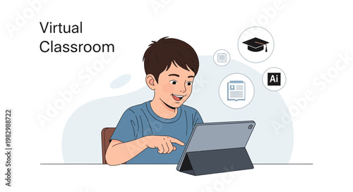 Boy learning online in virtual classroom with tablet, education icons