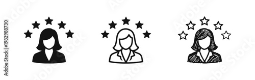Top Rated Professional Woman Icon Set with Five Stars