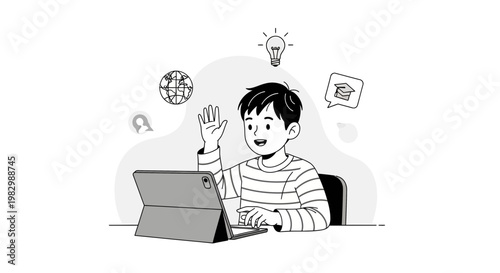 Boy learning online with tablet, waving hello, education concept