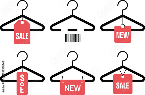 Set of black coat hangers with sale and new tags  shopping discount and new arrival indicators