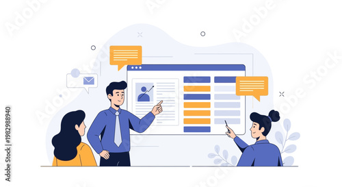 Business meeting presentation with people pointing at screen, online collaboration concept