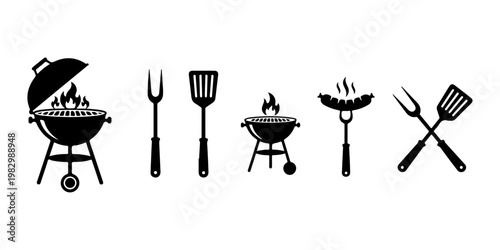 Barbecue grill icon set, black BBQ silhouette collection with spatula and fork, outdoor cooking equipment symbols for restaurant menus and summer party design