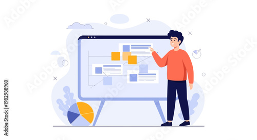 Business presentation with flowchart and pie chart, man explaining strategy on whiteboard