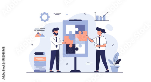 Business people assembling jigsaw puzzle on whiteboard, teamwork and strategy concept