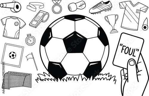 Soccer ball and various football related items including jerseys cleats whistle referee card and goal on white background
