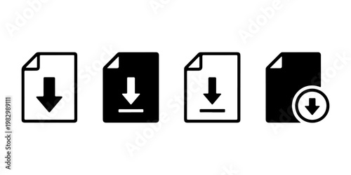 Minimalist download file icons set, black and white document download symbols, digital file transfer signs for web and app interface design