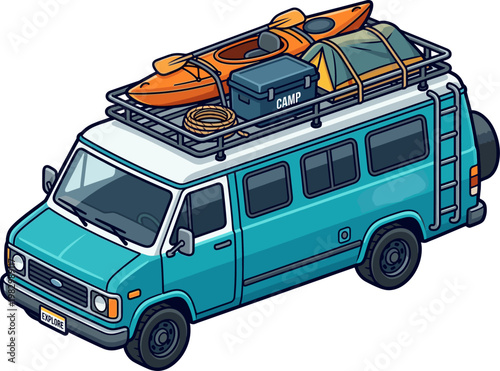 Classic teal camper van equipped with rooftop kayak and tent