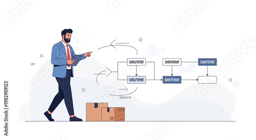 Businessman analyzing workflow diagram with delivery boxes, logistics concept