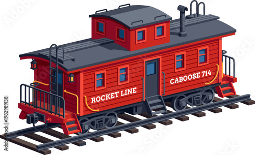 Classic red railway caboose on tracks with rocket line branding