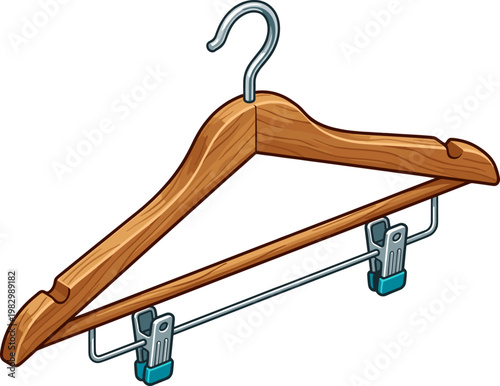 Classic wooden clothes hanger featuring metal clips for pants