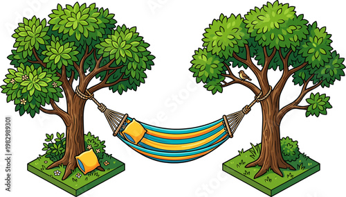 Comfortable hammock with pillows hanging in a park environment