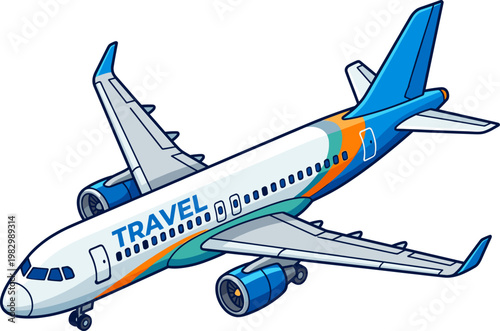 Commercial travel airplane with blue engines and white fuselage