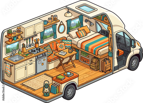 Compact recreational vehicle interior featuring sleeping area and kitchenette