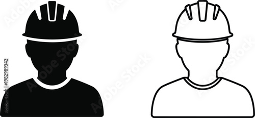 Two icons of a construction worker wearing a safety hard hat in solid black and outline style. Vector