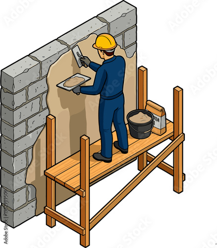 Construction worker plastering a brick wall on scaffolding