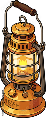 Antique brass gas lamp with glass chimney and wooden handle for vintage lighting