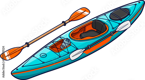 Cyan recreational kayak with orange seat and matching paddle
