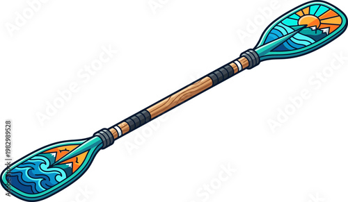 Decorative double blade kayak paddle with nature landscape art