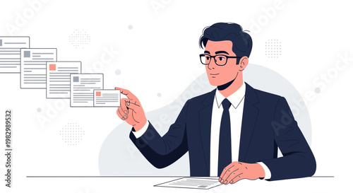 Businessman reviewing documents and selecting a business card, modern flat illustration