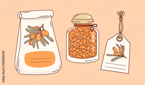 Homemade Sea Buckthorn Product Set. Paper Bag, Glass Small Jar Jam and Hanging Price Tag with Orange Berries. Organic Eco-Friendly Food. Isolated Vector Illustration. Vitamin Eco harvest