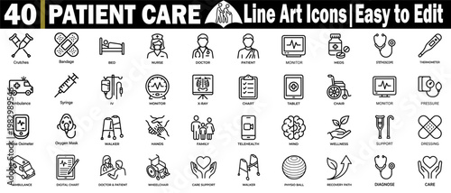 Patient care line art icons. Easy to edit healthcare and medical symbols set with crutches, bandage, bed nurse, doctor, patient, and monitor meds, vector illustration.