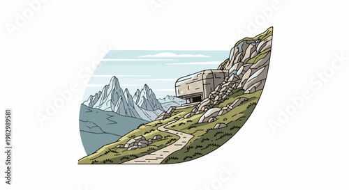 A bunker sits on a grassy mountain slope with jagged peaks in the background