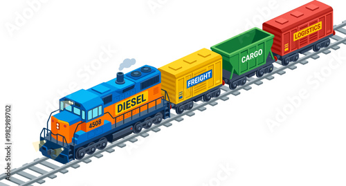 Diesel freight train hauling colorful cargo wagons on tracks