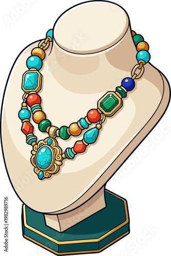 Elaborate beaded necklace with turquoise and emerald gems on mannequin display