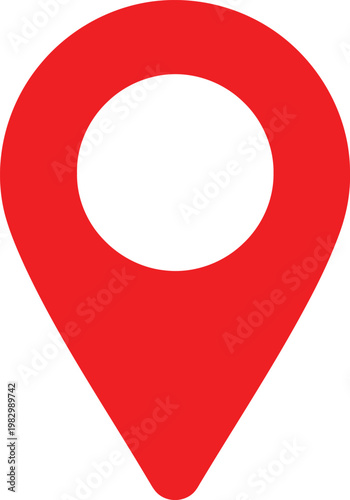 A bright red map marker icon that represents a specific geographic location on a digital interface. Vector